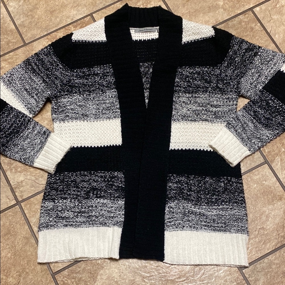 Black and White Striped Medium Cardigan Sweater Collegiate Fall Office